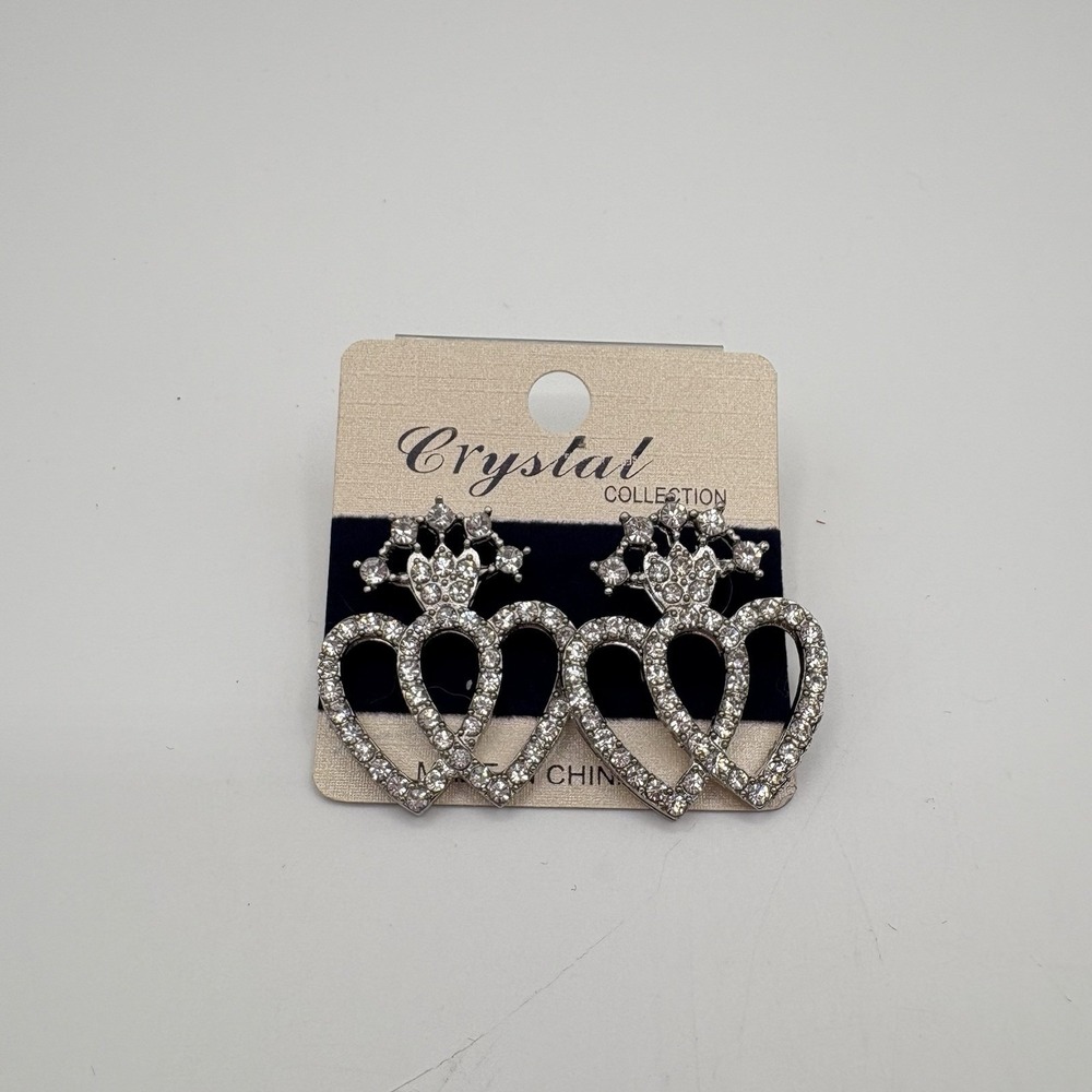 Crystal Collection Crown Heart Rhinestone Earrings Sparkly Silver Tone Studs NWT